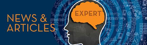 Illustration of a person's head with the word expert in a bubble that looks like a brain. There is copy that states News and Articles.