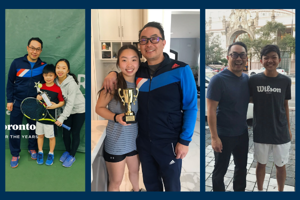 Collage of images of the Woo family - image 1 is the youngest Woo, Brayden holding a tennis trophy, the second is the oldest Woo child, Selene holding a tennis trophy hugging her Dad and the last photo is the father Ben Woo and son Brayden Woo.