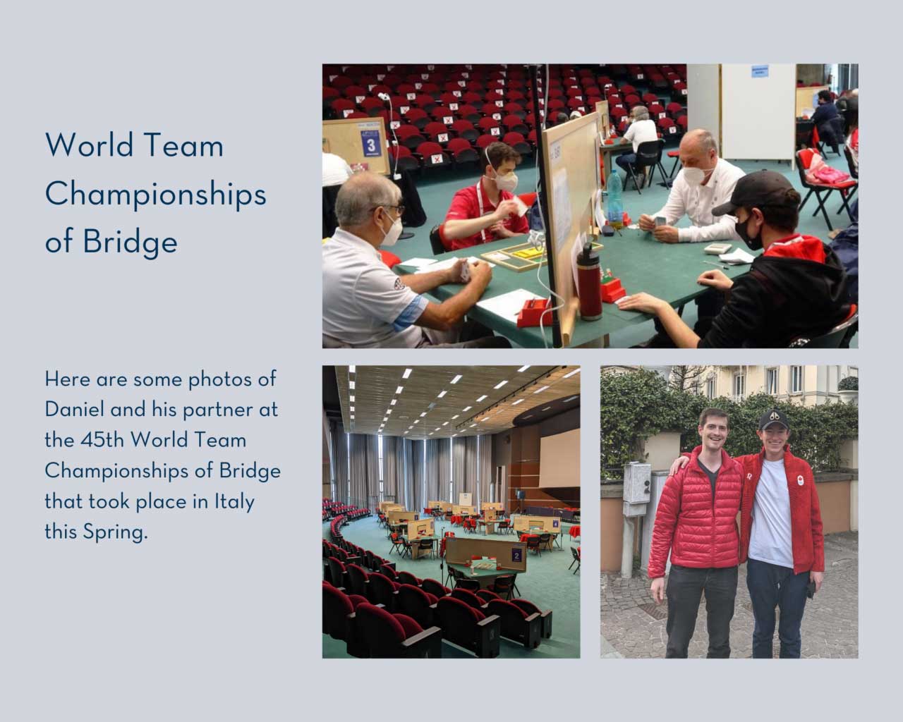 Collage of images of Daniel Lavee at the 45th World Team Championships of Bridge that took place in Italy in 2022.