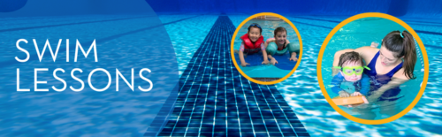 Swim Lessons Tile image. Blue Background of pool with 2 circle images of kids swimming.