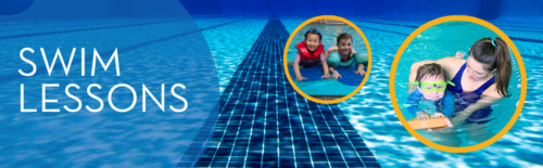 Blue Background of pool with 2 circle images of kids swimming. There is text that states Swim Lessons.