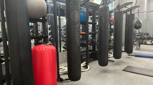 Photo of boxing bags handing in the boxing area of our fitness center at our Mayfair Lakeshore club.