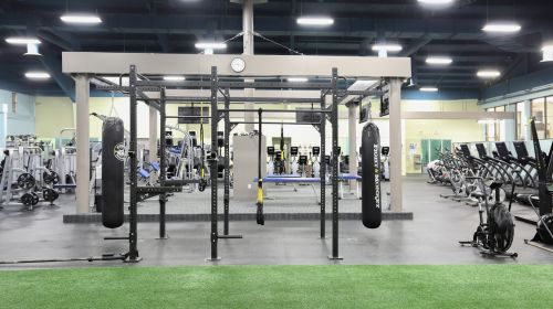 Image of the turf surface and boxing area with suspended boxing bags in the center of the fitness facility at our Mayfair Parkway Club.