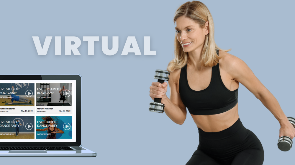 Image of a young, Caucasian female, holding small weights and doing a virtual exercise class on a laptop.